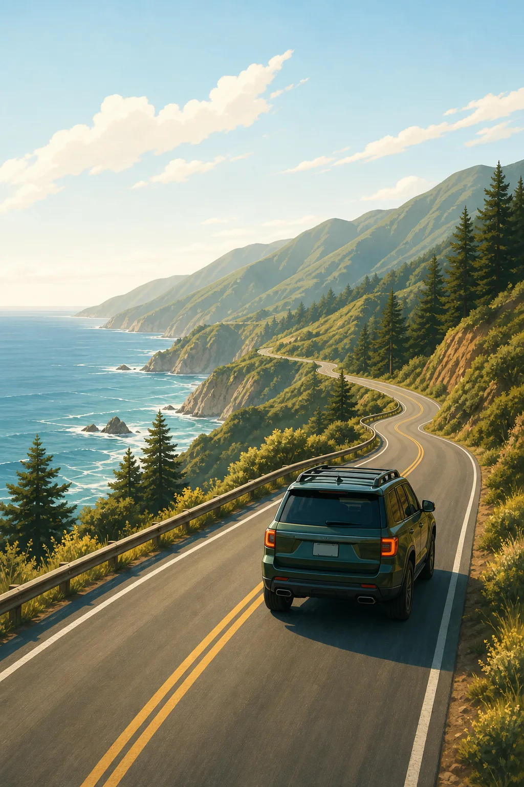 A car driving along the California coast
